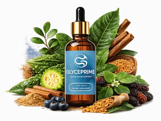 GlycePrime bottle photographed in the manufacturer's promotional artwork, surrounded by assorted botanical props