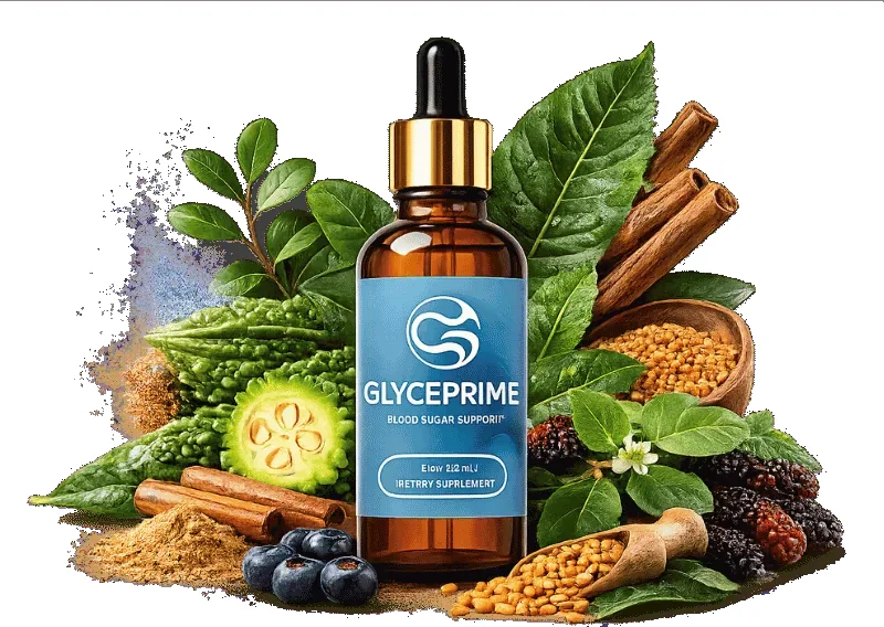 GlycePrime bottle in the manufacturer's promotional composite, arranged with leaves, cinnamon bark, berries and seeds