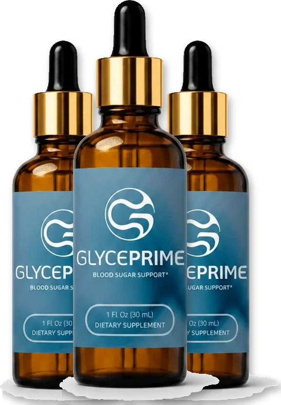 Three GlycePrime bottles, amber glass with gold dropper caps and blue labels